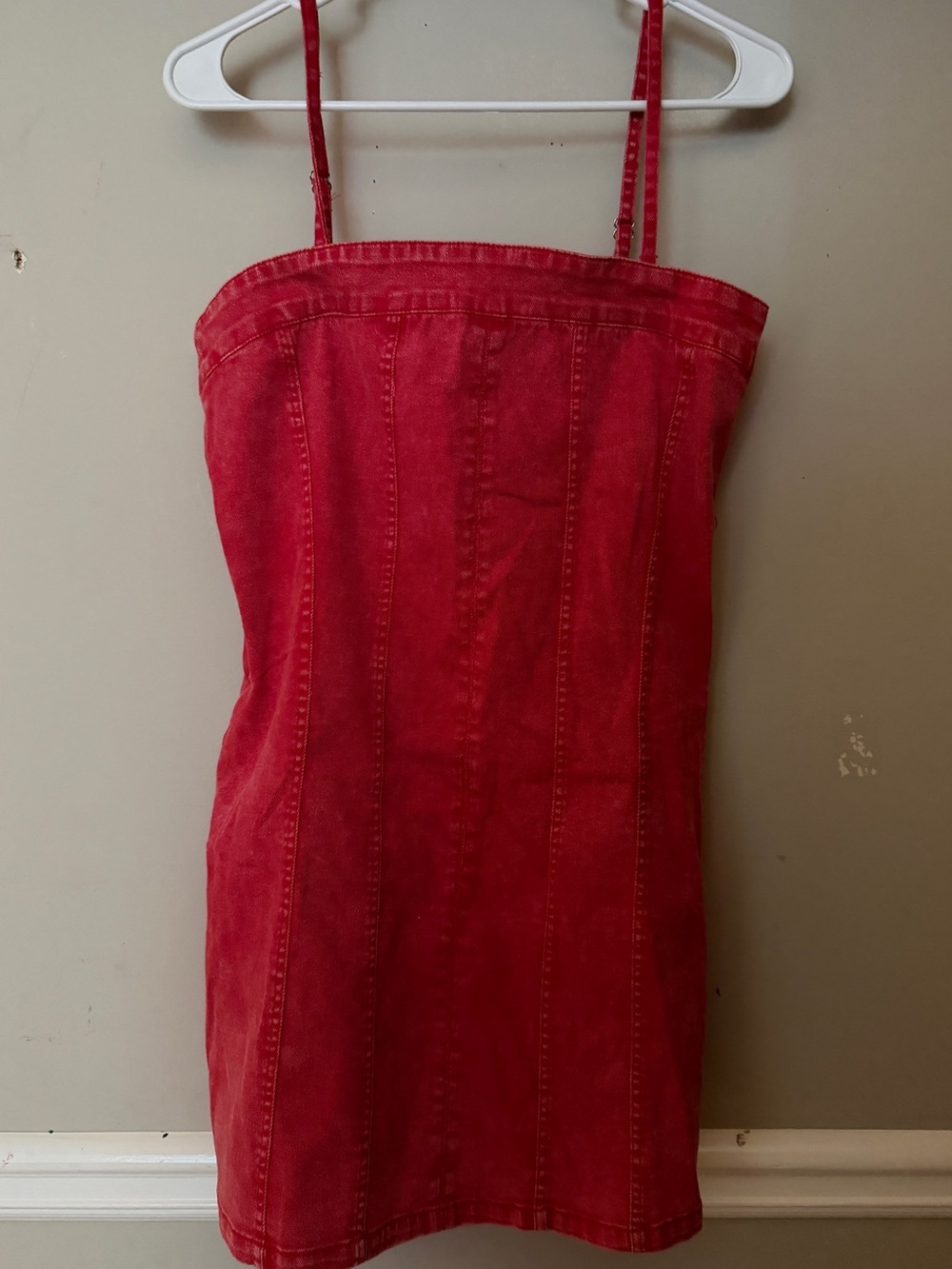 Red Denim Strapless Mini Dress